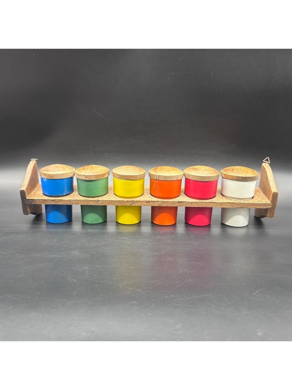 Vintage Spice Jars Wood Lids Hanging Rack Rainbow Mid Century Modern Aluminum